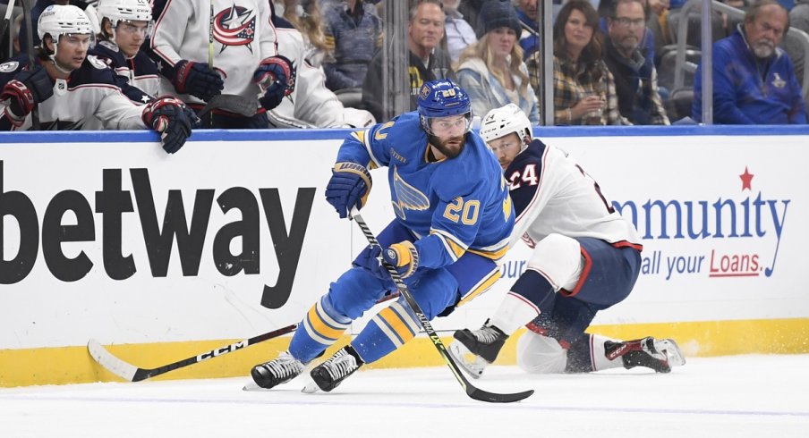 St. Louis Blues left wing Brandon Saad controls the puck against the Blue Jackets