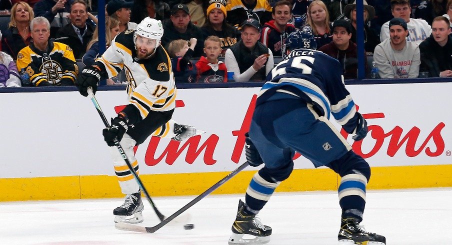 Boston Bruins left wing Nick Foligno shoots against Columbus Blue Jackets defenseman David Jiricek during the first period at Nationwide Arena.