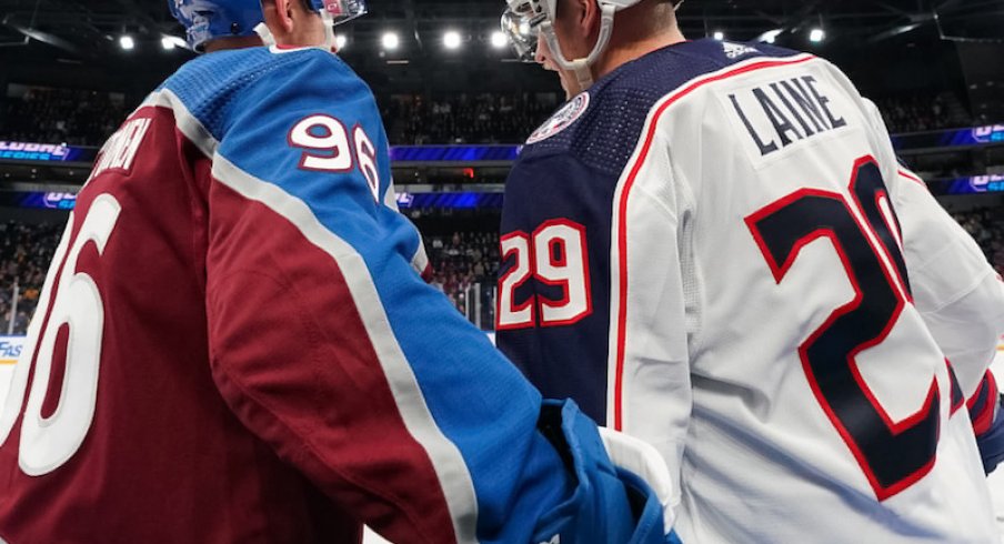 Columbus Blue Jackets' Patrik Laine and Colorado Avalanche's Mikko Rantanen during the 2022 NHL Global Series in Tampere, Finland.
