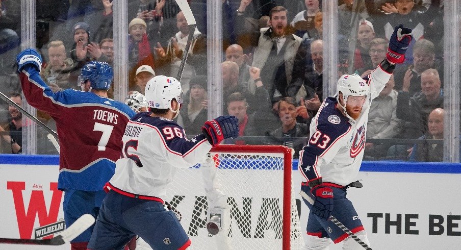 In the club's 11th game of the campaign, Jakub Voracek celebrates the Blue Jackets first power play goal of the season.