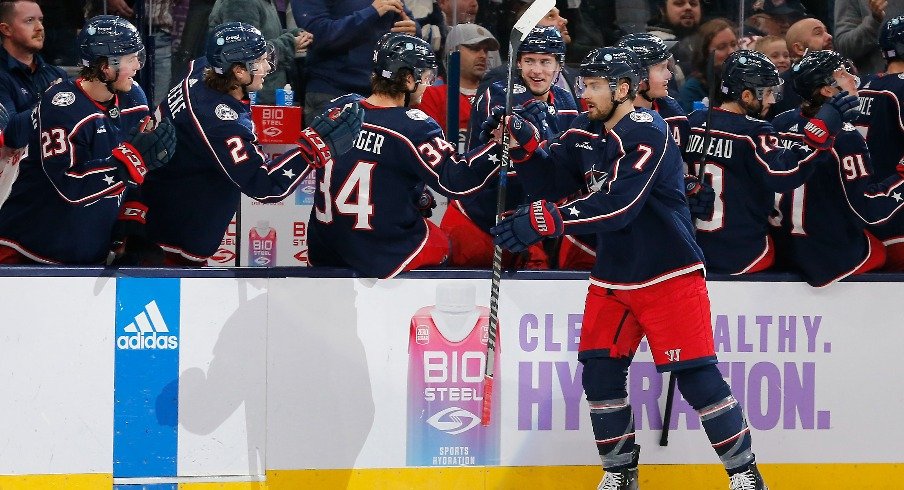 Columbus Blue Jackets center Sean Kuraly celebrates a goal against the Philadelphia Flyers during the first period at Nationwide Arena.