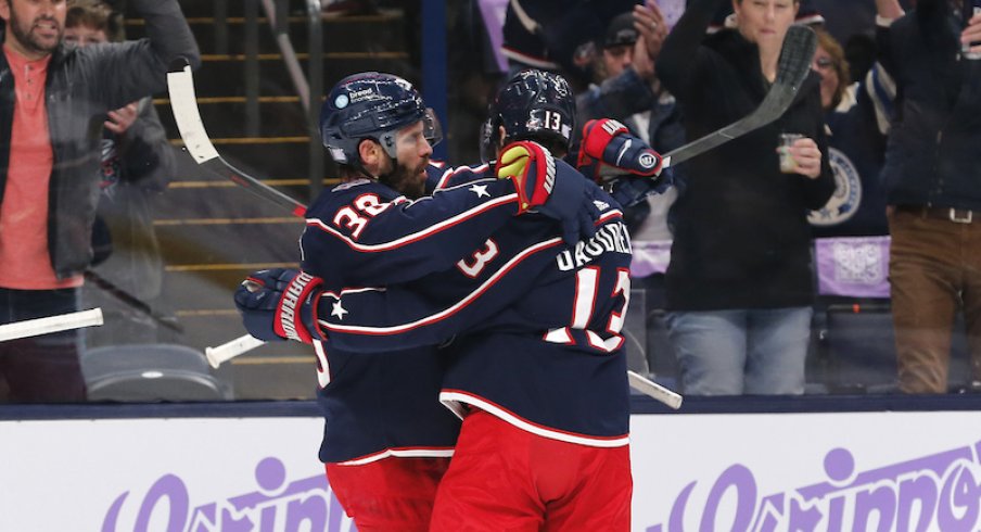 Columbus Blue Jackets' Boone Jenner celebrates a goal against the Philadelphia Flyers during the second period at Nationwide Arena.