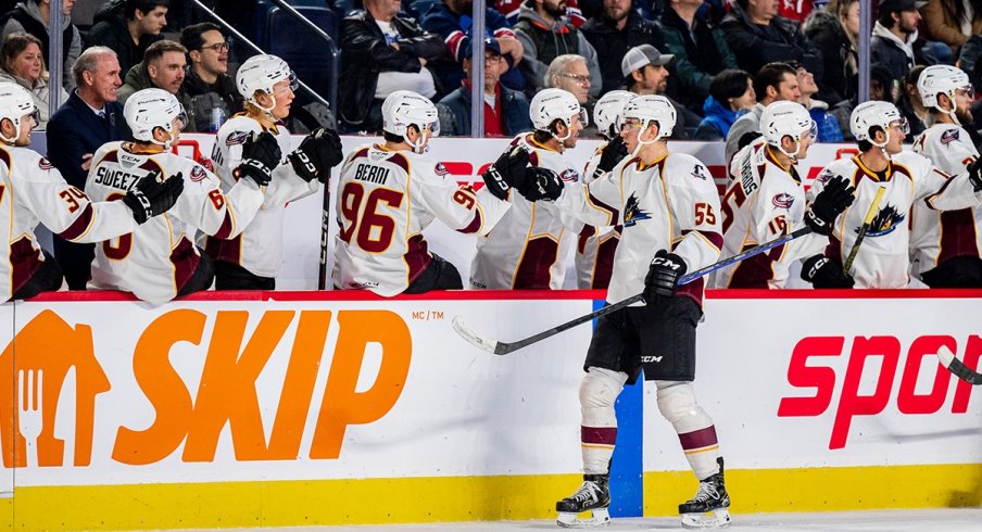 David Jiricek celebrates a goal with the Cleveland Monsters