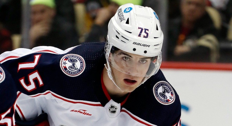 Columbus Blue Jackets defenseman Tim Berni  looks on at the face-off circle against the Pittsburgh Penguins during the third period at PPG Paints Arena. The Penguins won 4-1.