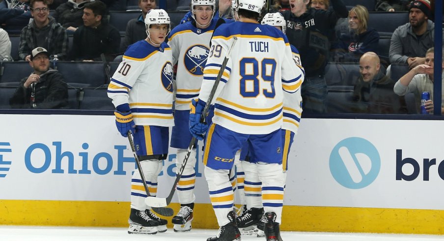 The Buffalo Sabres celebrate a goal against the Columbus Blue Jackets