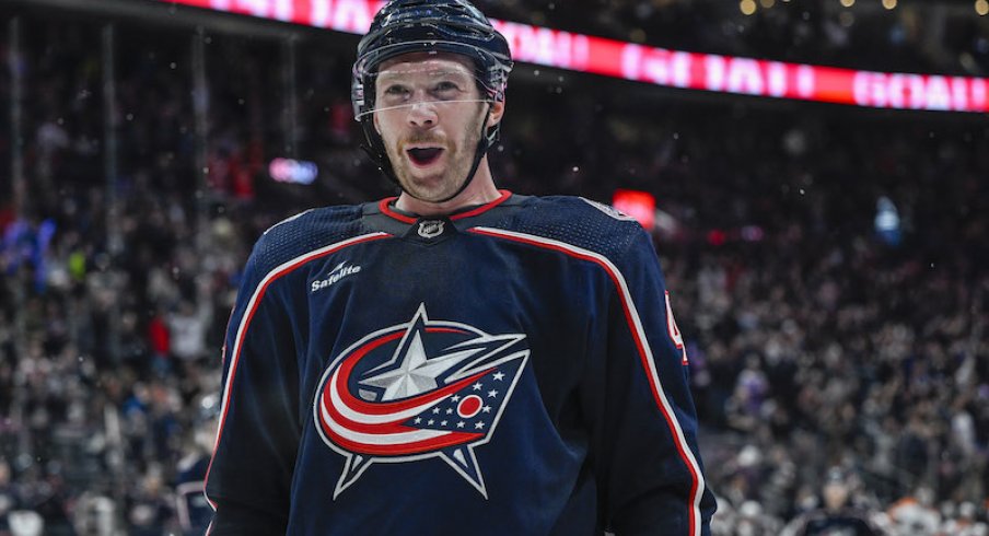 Columbus Blue Jackets' Vladislav Gavrikov celebrates a goal by Nick Blankenburg in the third period against the Philadelphia Flyers at Nationwide Arena.