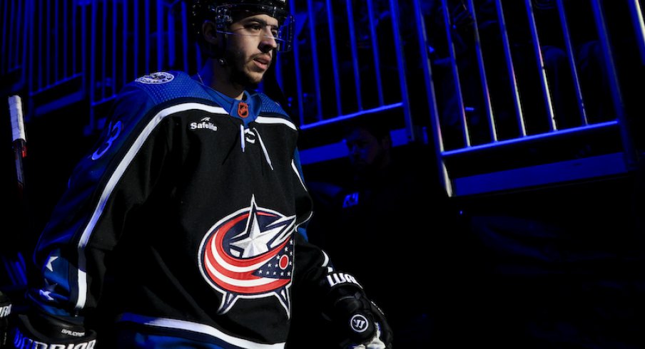 Columbus Blue Jackets' Johnny Gaudreau takes the ice prior to the game against the Calgary Flames at Nationwide Arena.