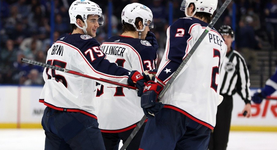 Columbus Blue Jackets defenseman Tim Berni is congratulated after he scored a goal against the Tampa Bay Lightning during the third period at Amalie Arena.