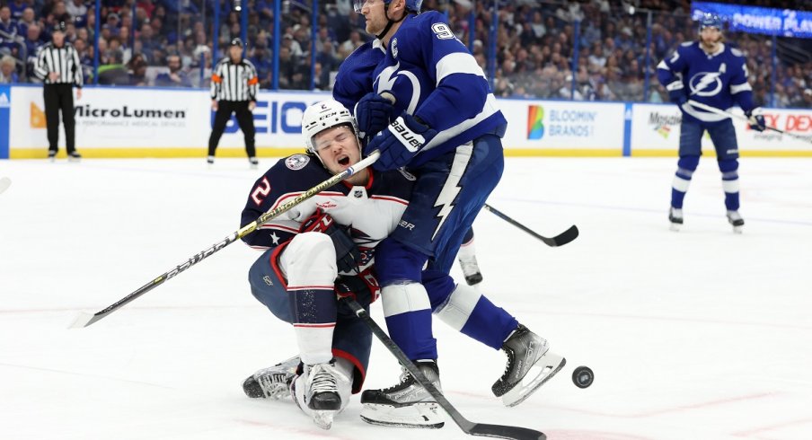 Andrew Peeke yells in pain after blocking a shot from Steven Stamkos 