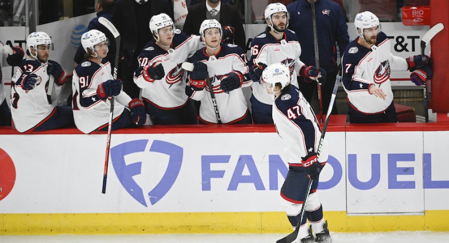 Columbus Blue Jackets' Marcus Bjork celebrates after he scores against the Chicago Blackhawks during the third period at the United Center.