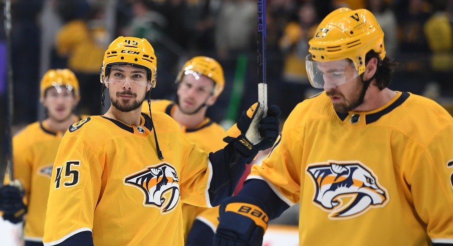 Surprisngly not an emo-band cover album, the Nashville Predators are seen here moments after scoring the game-winning goal in Monday's victory over the Calgary Flames.