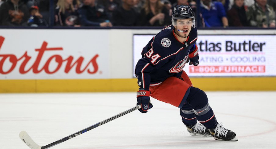 Columbus Blue Jackets' Cole Sillinger skates against the Tampa Bay Lightning in the second period at Nationwide Arena.