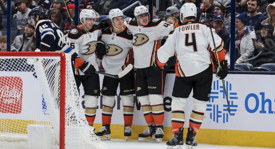 Anaheim Ducks' Cam Fowler celebrates with teammates after scoring a goal against the Columbus Blue Jackets in the second period at Nationwide Arena.