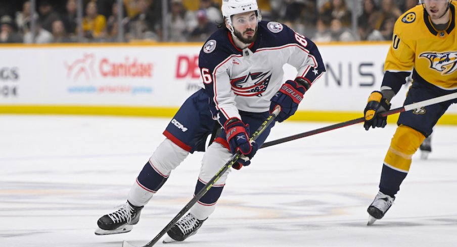 Columbus Blue Jackets' Kirill Marchenko skates against the Nashville Predators during the second period at Bridgestone Arena.