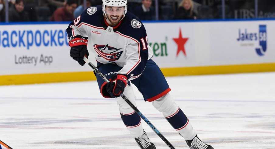 Columbus Blue Jackets forward Liam Foudy skates the puck