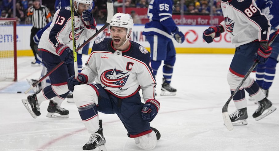 Columbus Blue Jackets' Boone Jenner celebrates his goal against the Toronto Maple Leafs during the second period at Scotiabank Arena.