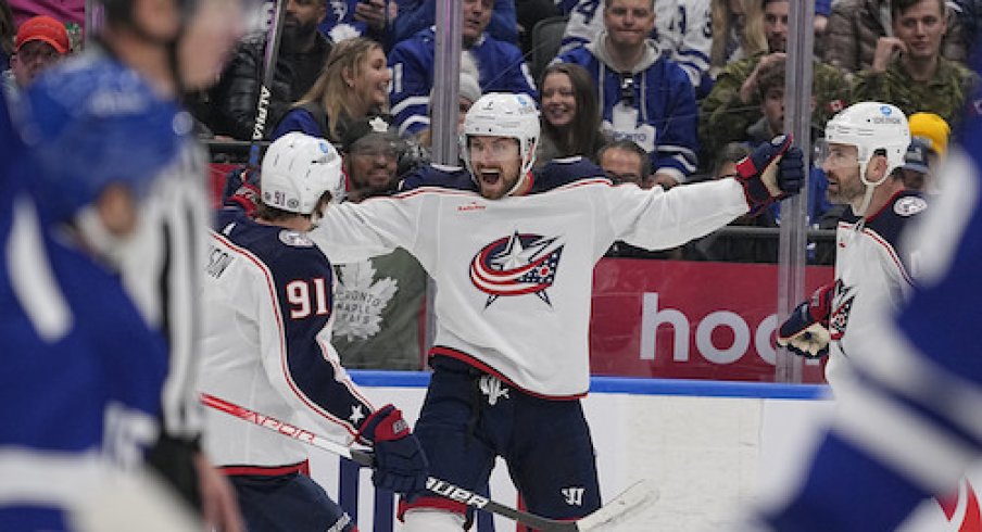 Sean Kuraly celebrates after scoring a goal agains the Toronto Maple Leafs.