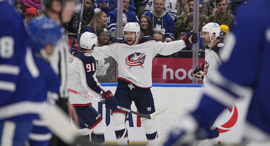 Sean Kuraly celebrates after scoring a goal agains the Toronto Maple Leafs.