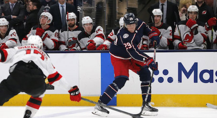 Patrik Laine takes a shot in the Blue Jackets vs. Devils game.