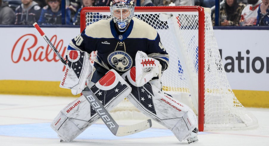 Columbus Blue Jackets' Elvis Merzlikins defends the net against the Anaheim Ducks in the second period at Nationwide Arena.