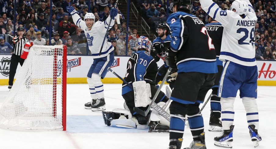 Toronto Maple Leafs left wing Pierre Engvall celebrates his goal against the Columbus Blue Jackets