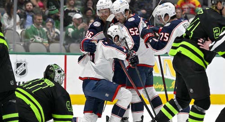 Liam Foudy celebrates after scoring his first-career regular-season goal against the Dallas Stars.