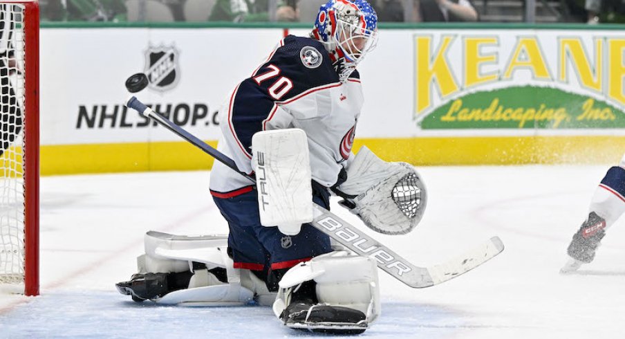 Columbus Blue Jackets' Joonas Korpisalo turns aside a Dallas Stars shot during the second period at the American Airlines Center.