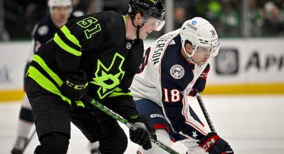 Lane Pederson takes the puck in the Blue Jackets vs. Stars game.
