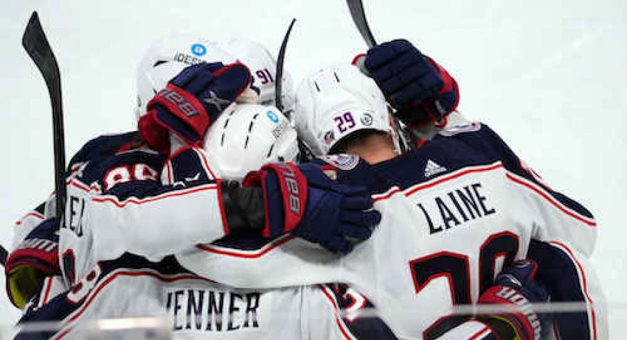 Patrik Laine celebrates after scoring a goal in the Blue Jackets vs. Coyotes game.