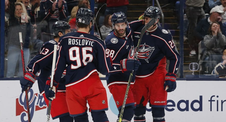 Boone Jenner celebrates his goal against the Edmonton Oilers