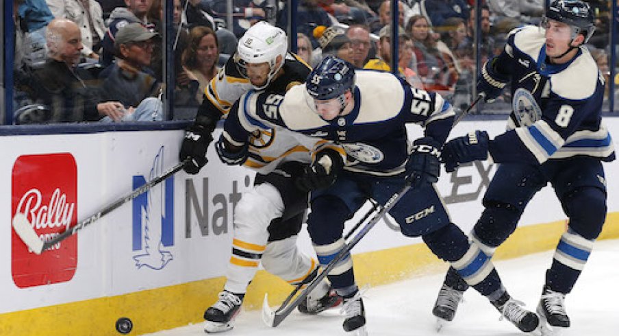 David Jiricek battles for the puck in the Bruins vs. Blue Jackets game.