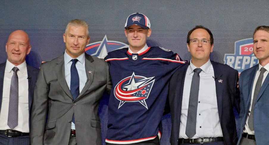 David Jiricek after being selected as the number six overall pick to the Columbus Blue Jackets in the first round of the 2022 NHL Draft at Bell Centre.