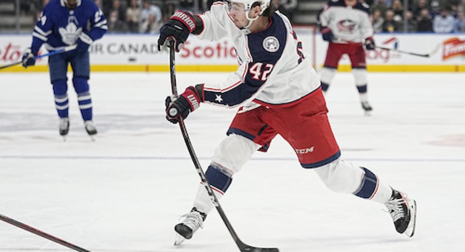 Alexandre Texier takes a shot in the Blue Jackets vs. Maple Leafs game.