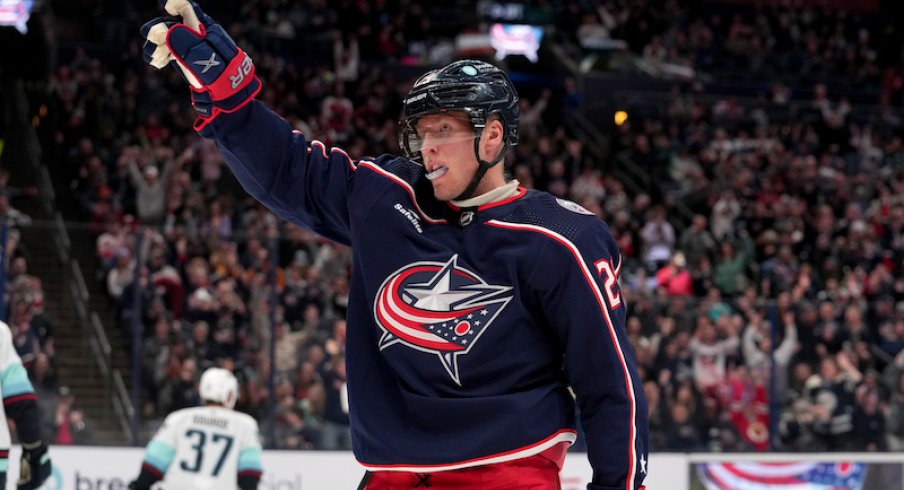 Columbus Blue Jackets' Patrik Laine reacts to scoring a goal during the second period against the Seattle Kraken at Nationwide Arena.