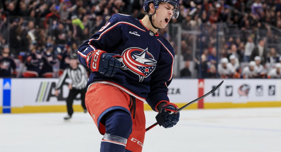 Columbus Blue Jackets' Yegor Chinakhov yells as he celebrates scoring a power play goal against the New York Islanders in the second period at Nationwide Arena.