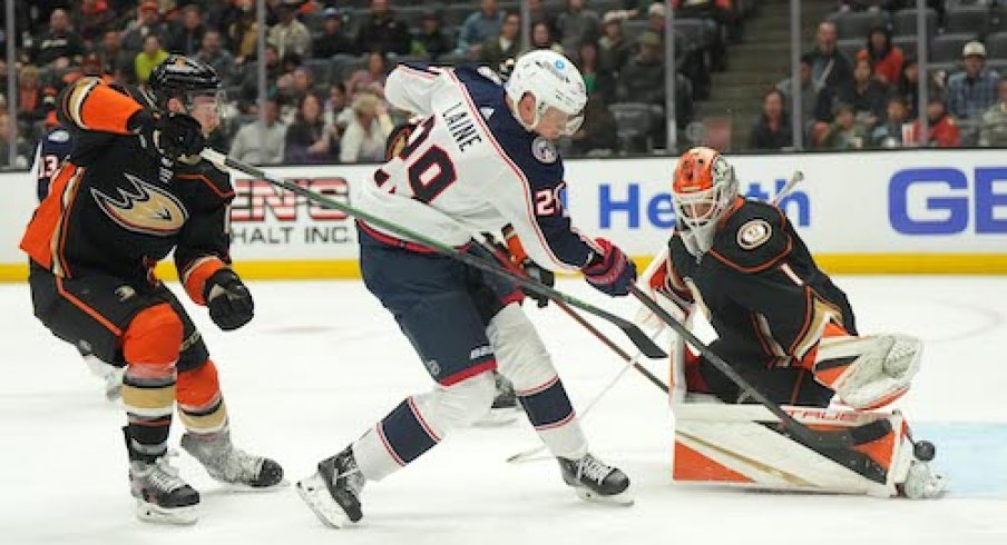 Patrik Laine scores a goal in the Blue Jackets vs. Ducks game.