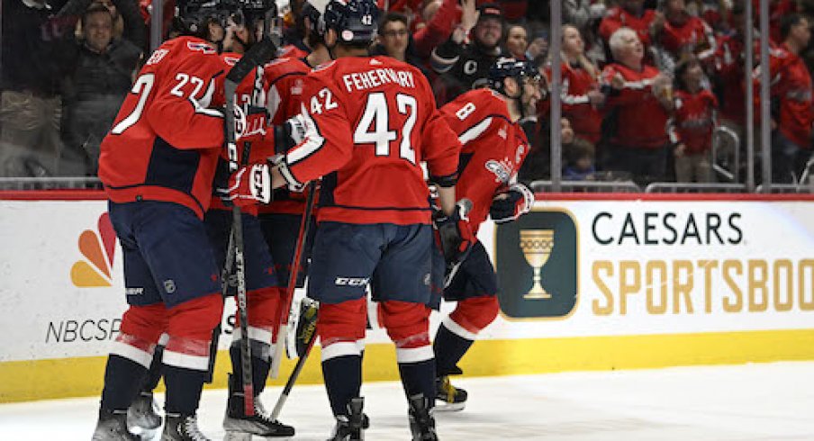 Alex Ovechkin celebrates after scoring a goal in the Blue Jackets vs. Capitals game.