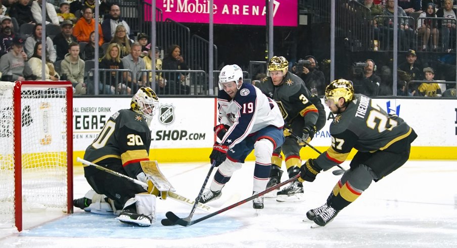 Columbus Blue Jackets center Liam Foudy attempts to score a goal against the Vegas Golden Knights