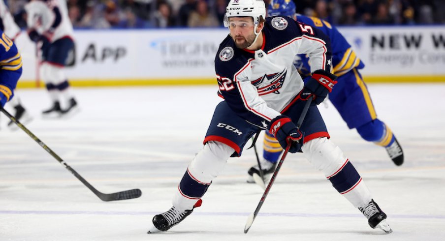 Columbus Blue Jackets' Emil Bemstrom looks to make a pass during the first period against the Buffalo Sabres at KeyBank Center.