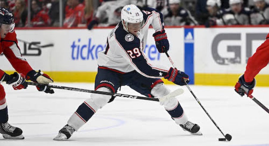 Patrik Laine skates with the puck in the Blue Jackets vs. Capitals game.