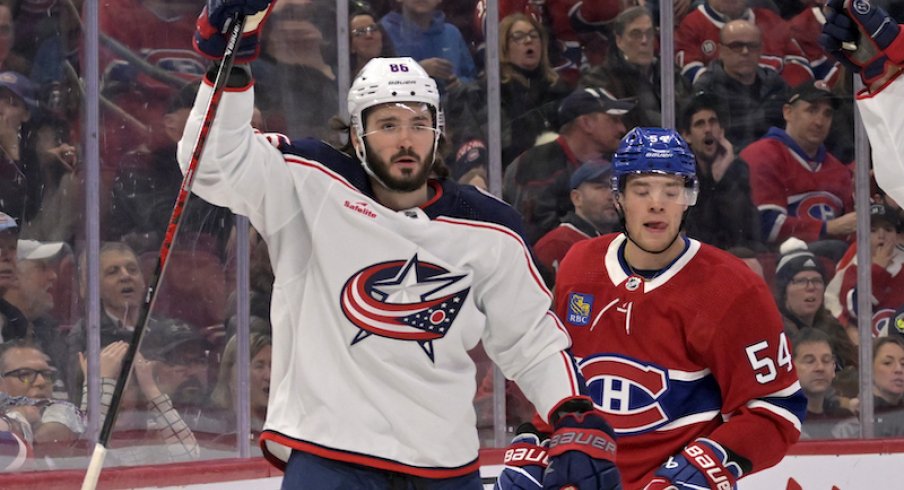 Columbus Blue Jackets' Kirill Marchenko celebrates after scoring a goal against the Montreal Canadiens during the first period at the Bell Centre.