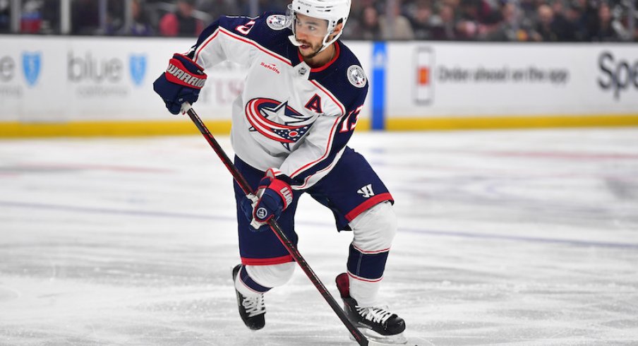 Columbus Blue Jackets' Johnny Gaudreau moves the puck against the Los Angeles Kings during the first period at Crypto.com Arena.