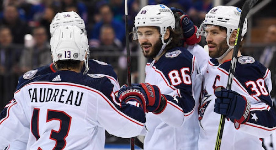 Kirill Marchenko celebrates after scoring his 20th goal of the season in the Blue Jackets vs. Rangers game.