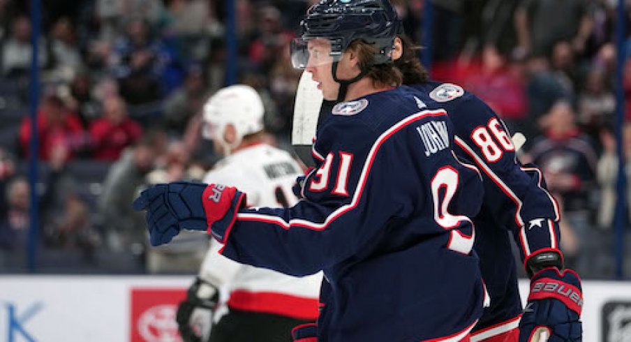 Kent Johnson celebrates after scoring a goal in the Senators vs. Blue Jackets game.