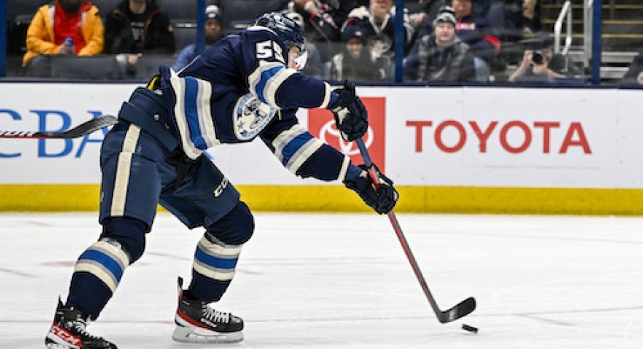 Columbus Blue Jackets right wing Yegor Chinakhov (59) shoots the puck in the first period against the Florida Panthers at Nationwide Arena.