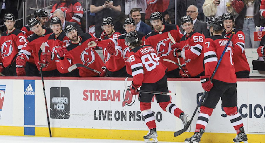 New Jersey Devils' Jack Hughes celebrates his goal with teammates during the first period against the Columbus Blue Jackets at Prudential Center.