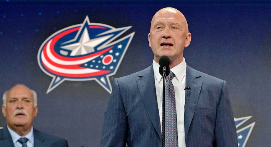 Columbus Blue Jackets' Jarmo Kekalainen announces David Jiricek as the number six overall pick to the Columbus Blue Jackets in the first round of the 2022 NHL Draft at Bell Centre.
