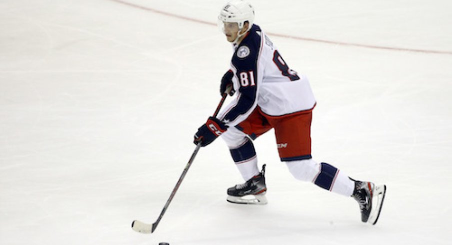 Columbus Blue Jackets defenseman Stanislav Svozil (81) moves the puck against the Pittsburgh Penguins during the third period at PPG Paints Arena.