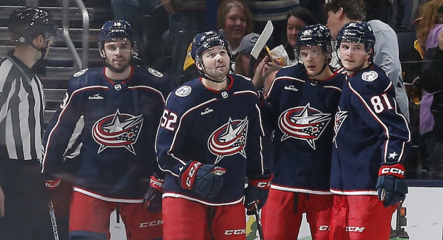 Columbus Blue Jackets' Emil Bemstrom celebrates his goal against the Pittsburgh Penguins during the third period at Nationwide Arena.