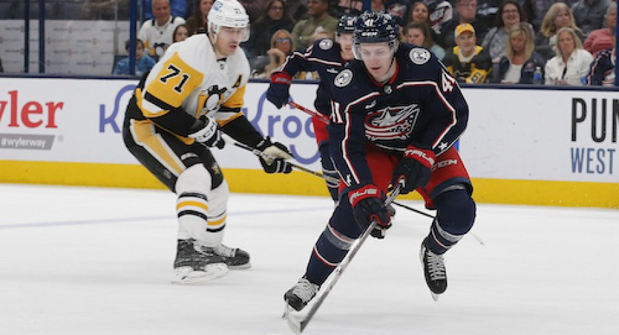 Columbus Blue Jackets center Hunter McKown (41) carries the puck against the Pittsburgh Penguins during the second period at Nationwide Arena.